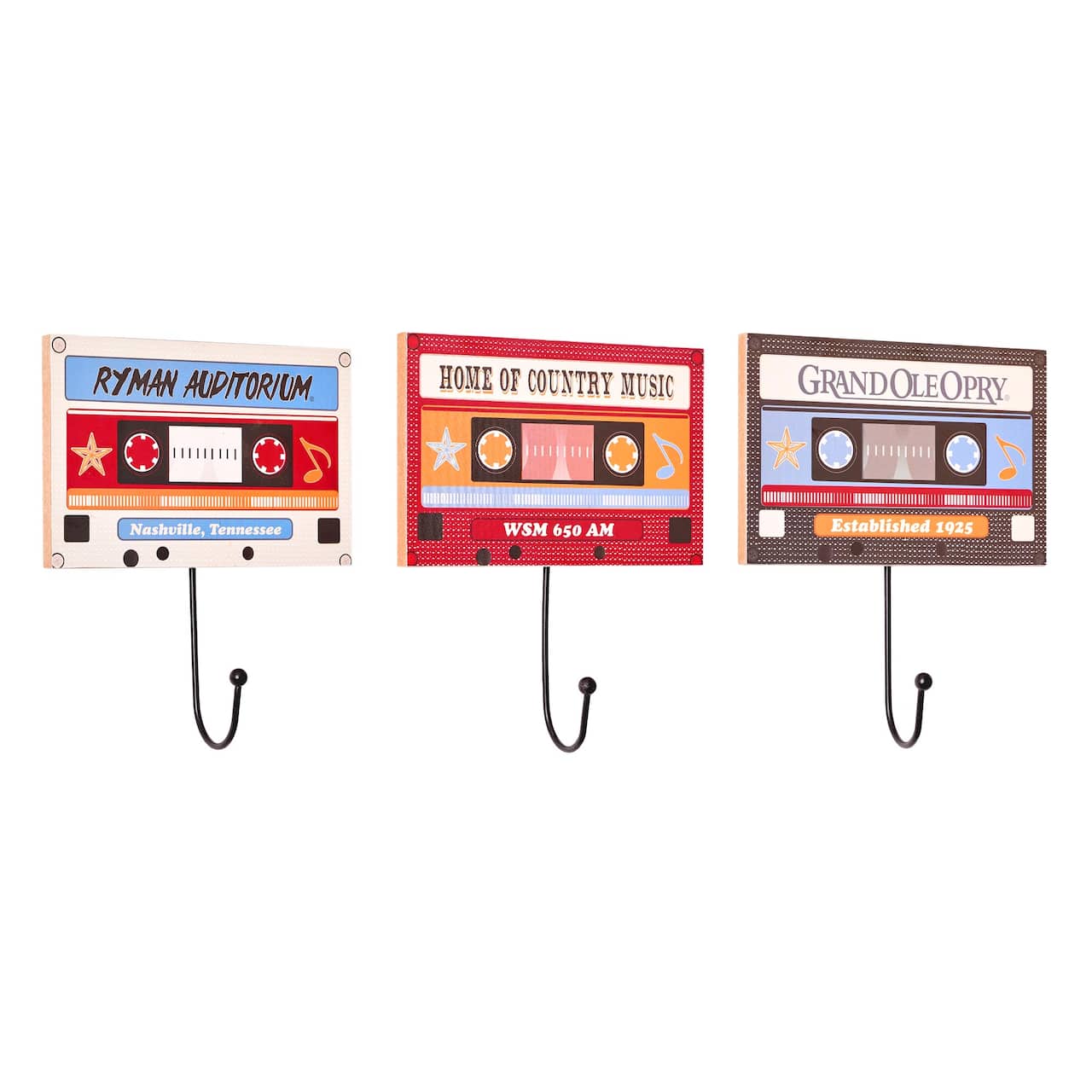 American Art Decor Grand Ole Opry Wooden Cassette Tape Wall Hook Set of 3 - 4" H x 6" L